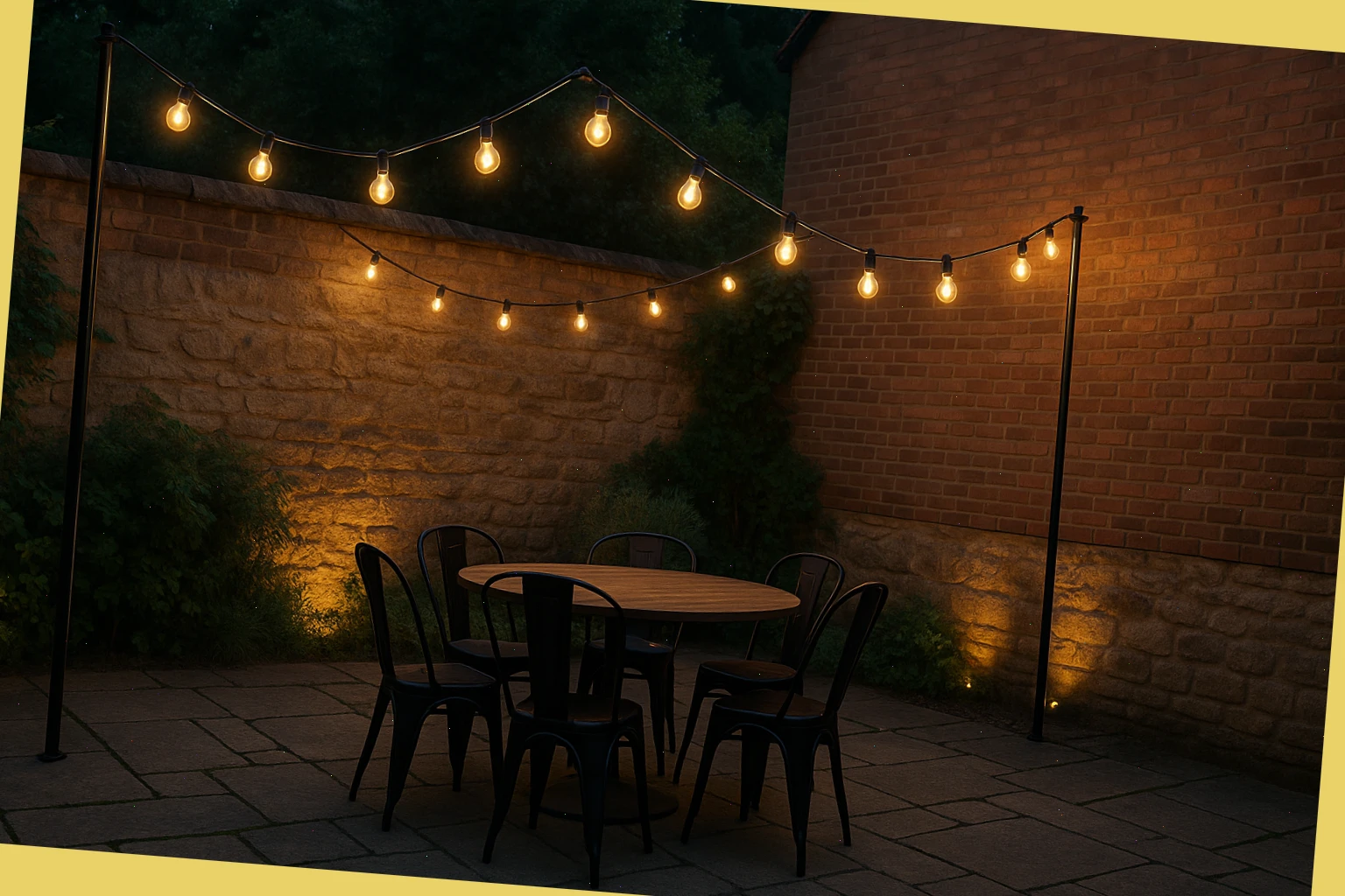 Two-pole canopy over a courtyard table with festoon bulbs gently spaced