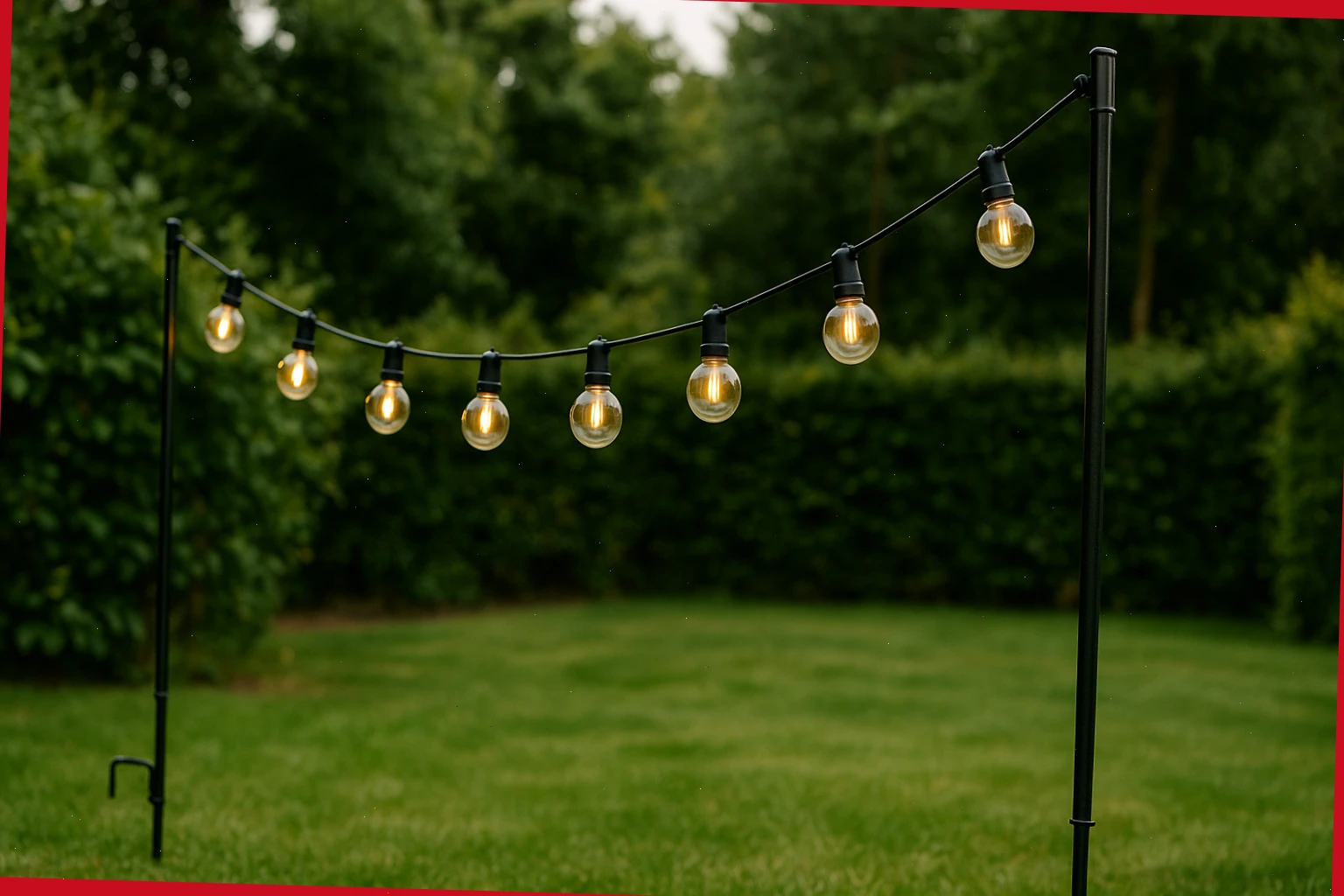 Festoon bulbs with two lightweight poles and ground anchors for a canopy line