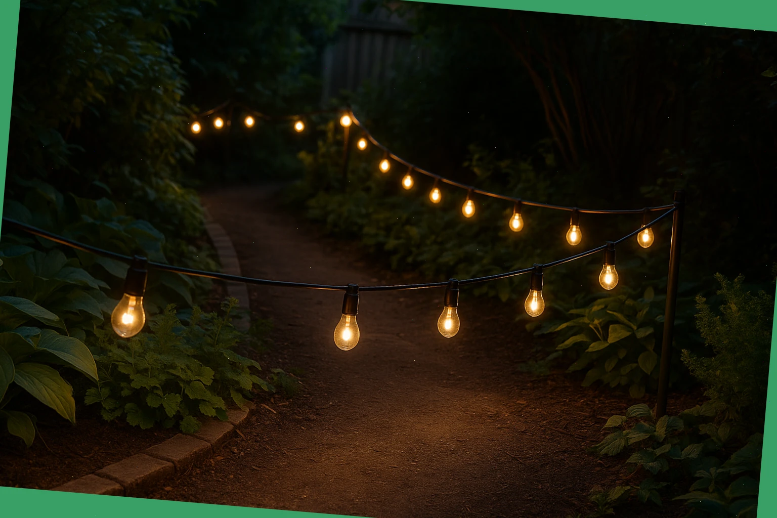 Low string run marking a garden path with gentle spill onto nearby plants