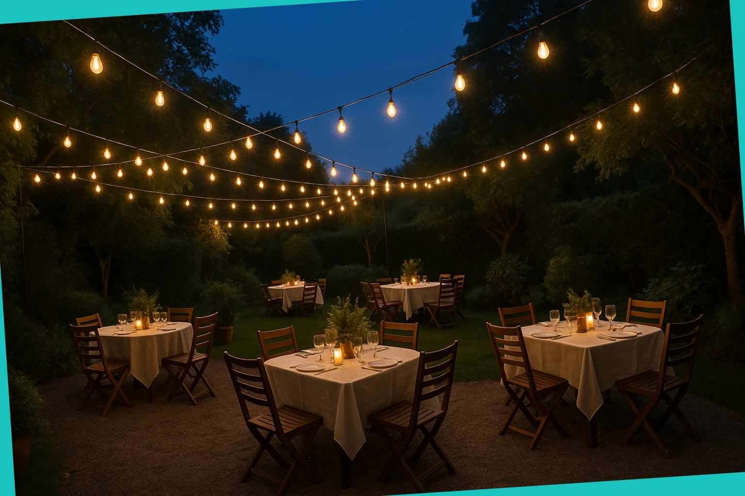 Warm festoon lines spanning a small garden with tables set for evening