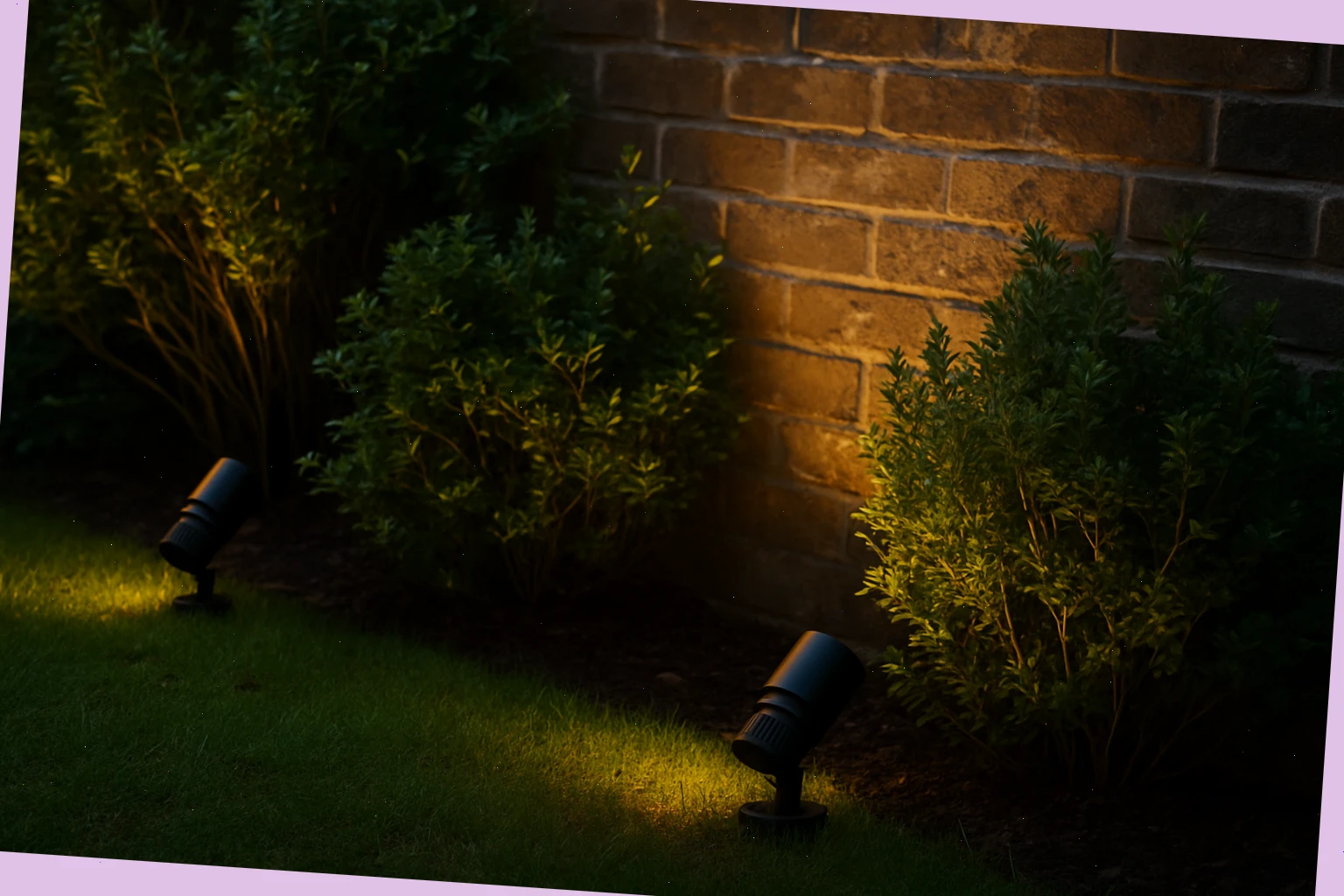 Compact uplights placed near shrubs, casting a gentle wash on a garden wall