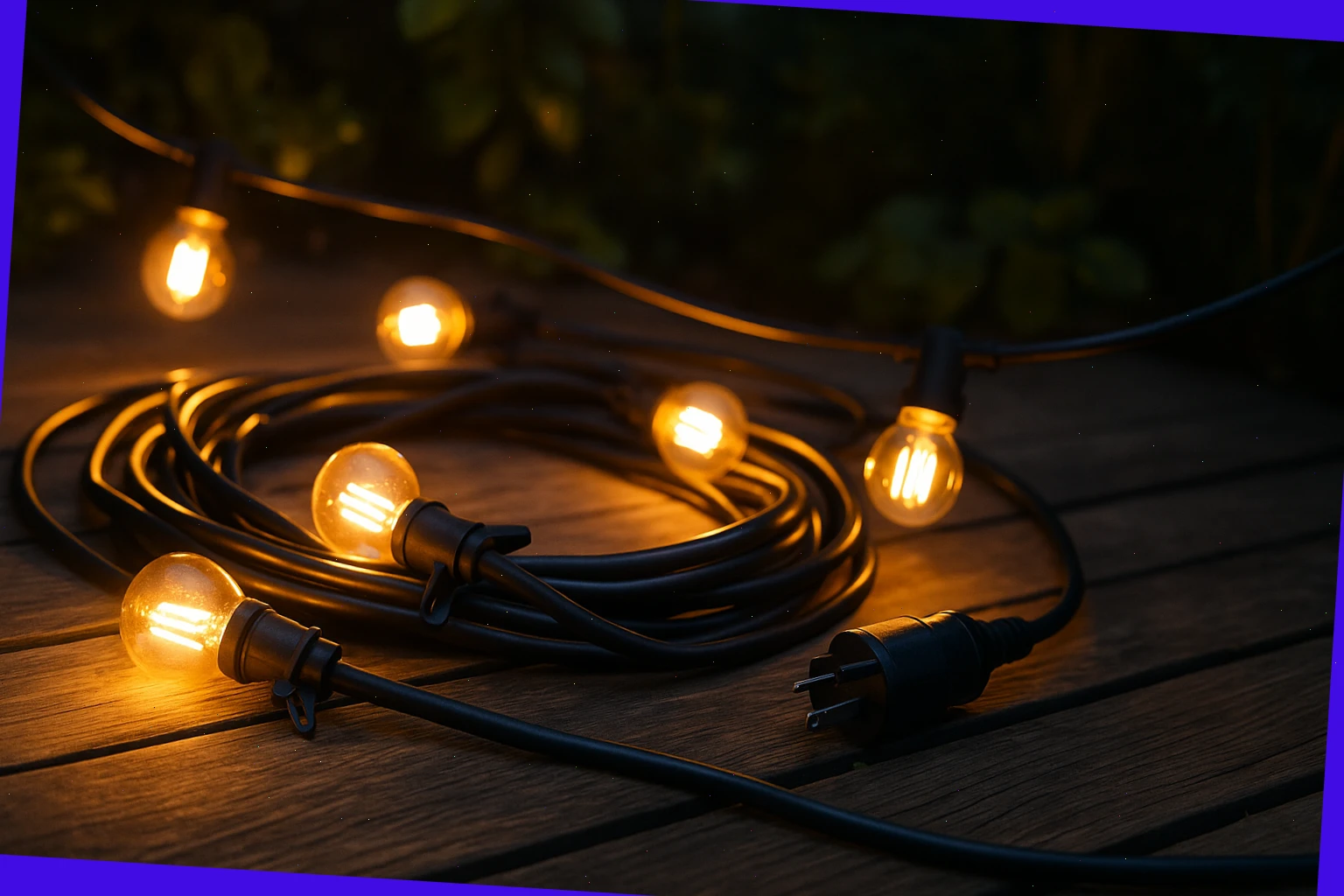 Cozy string lights coiled with clips and outdoor-rated extension lead